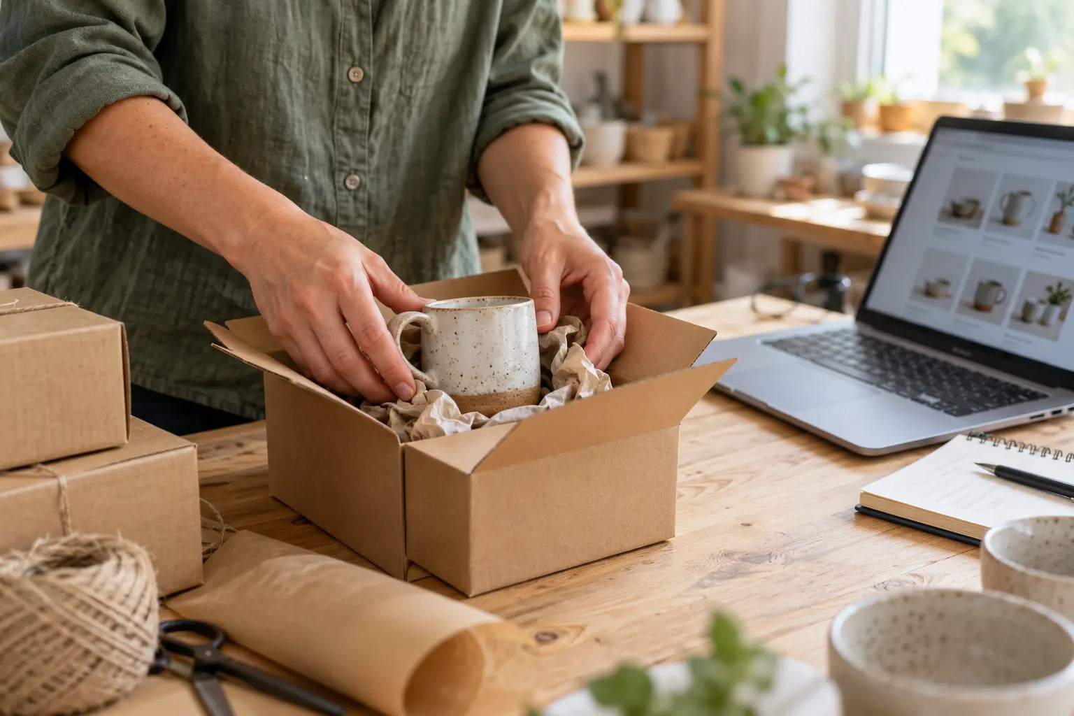 Préparation d’une commande artisanale à côté d’un ordinateur
