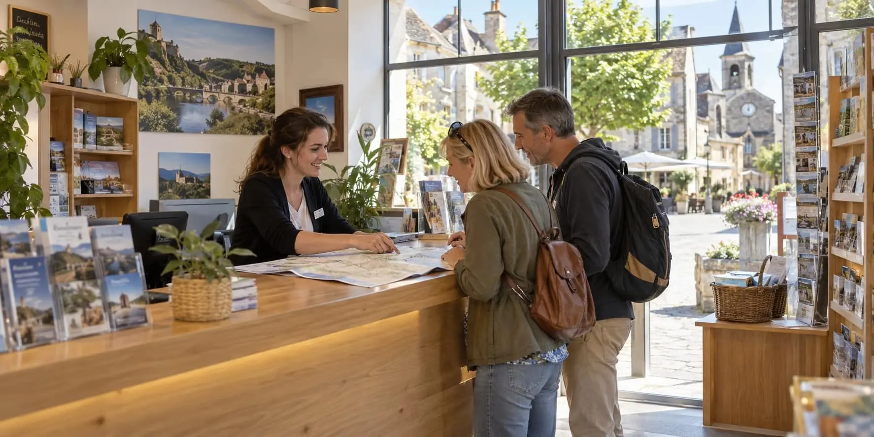 Échange autour d’une carte dans un office de tourisme